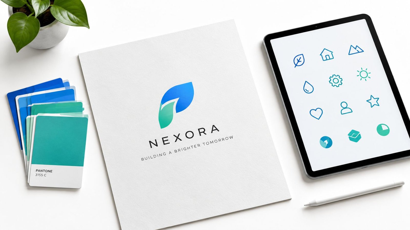 A professional branding mockup featuring the Nexora logo, Pantone colour swatches, and a digital tablet with icons.