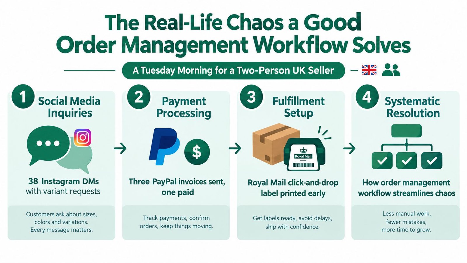 An infographic detailing the real-life chaos of a two-person UK seller managing order workflows and operations.