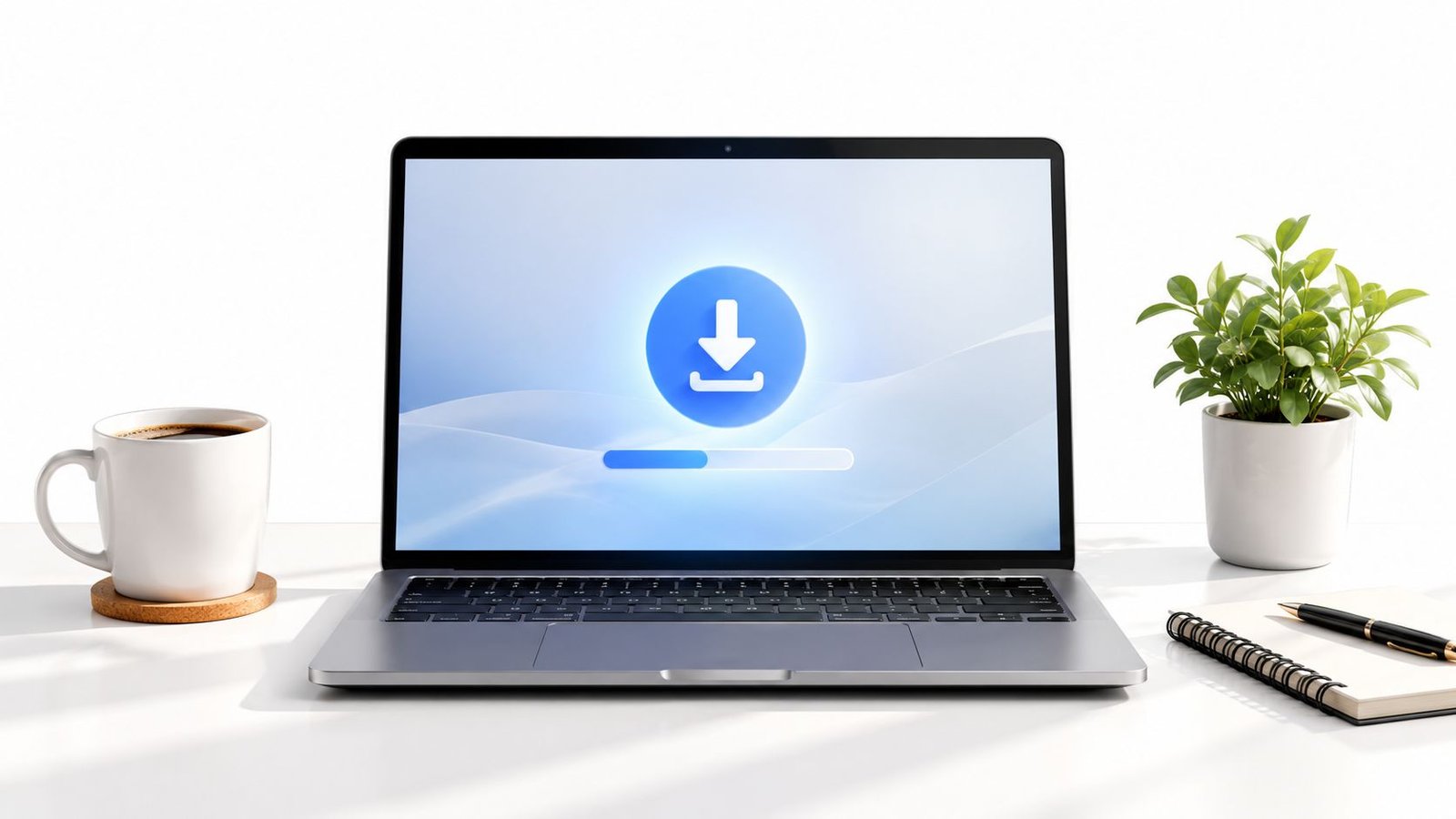 A laptop on a clean white desk showing a digital download icon with a progress bar.