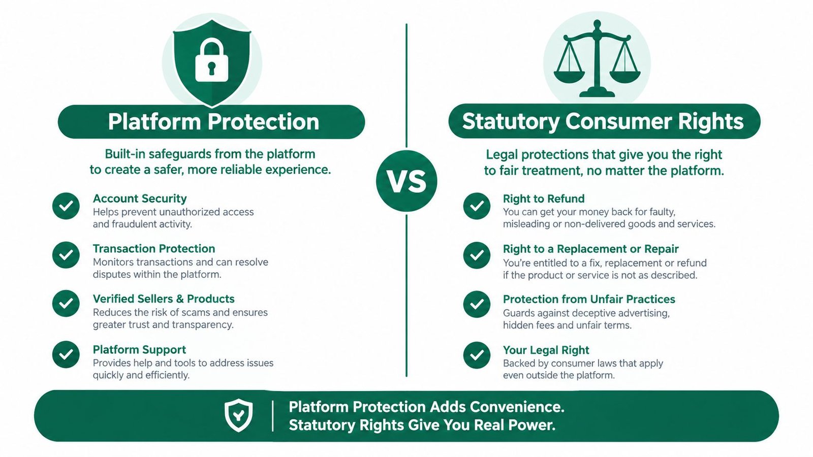 A comparison chart showing the differences between platform-specific protection measures and broader statutory consumer rights protections.