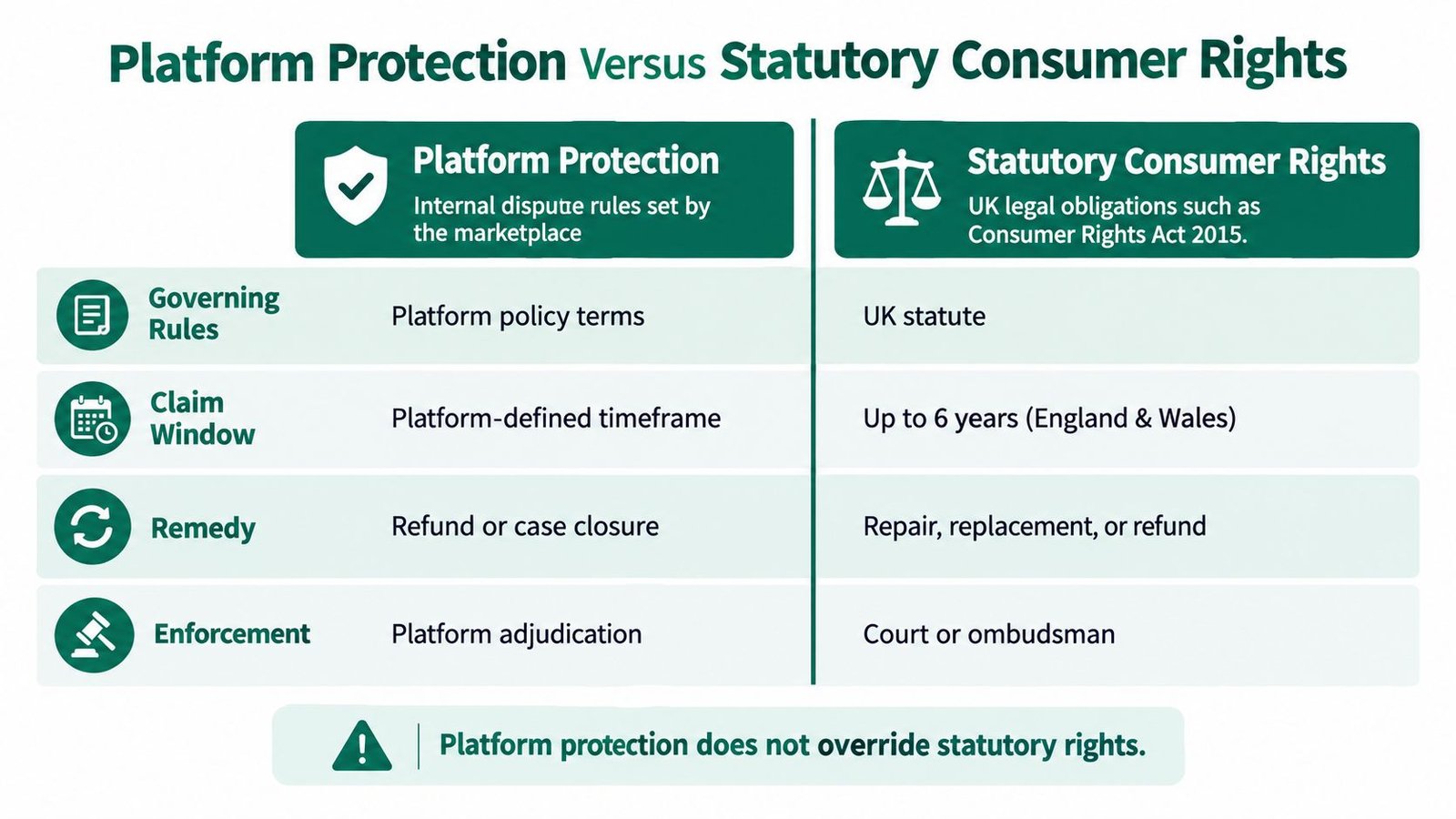 A comparison chart outlining differences between online marketplace platform protection policies and statutory consumer rights in the UK.