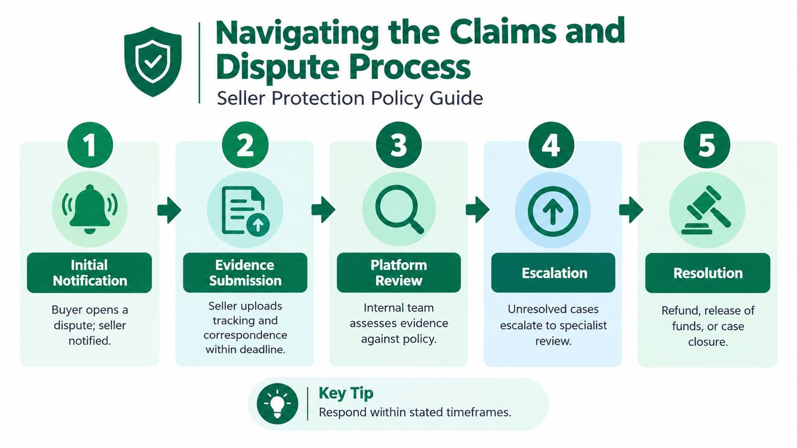 A five-step flowchart outlining the seller protection policy claim and dispute resolution process for e-commerce platforms.