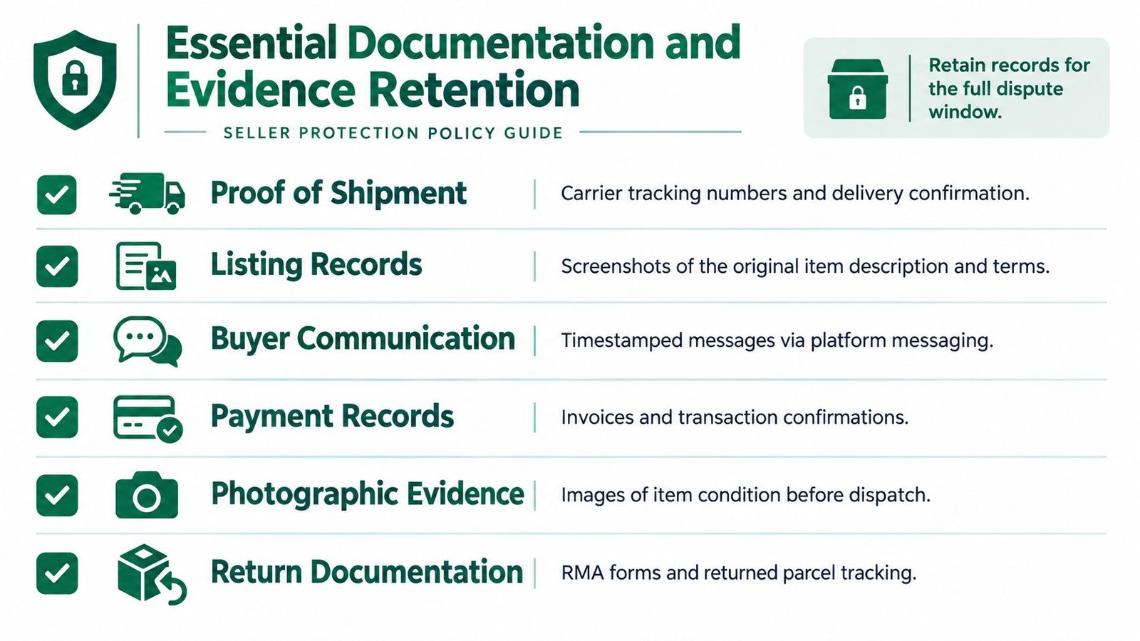 A guide listing essential documentation and evidence retention for seller protection policies including shipment and communication records.