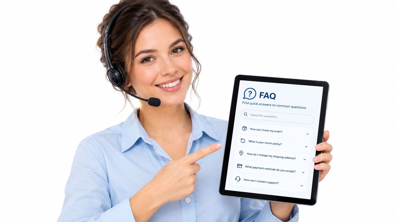 A friendly customer service representative wearing a headset points to a tablet displaying an FAQ page.