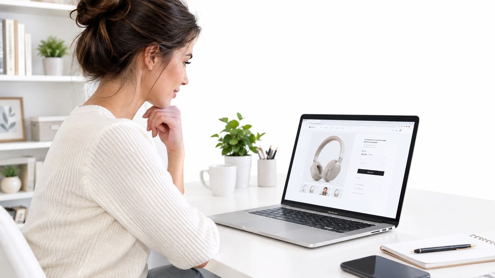 A young woman wearing a white sweater looking at wireless headphones on her laptop screen at home.