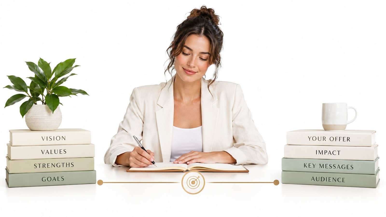 A professional woman writing in a notebook surrounded by stacked books representing business strategy and planning concepts.
