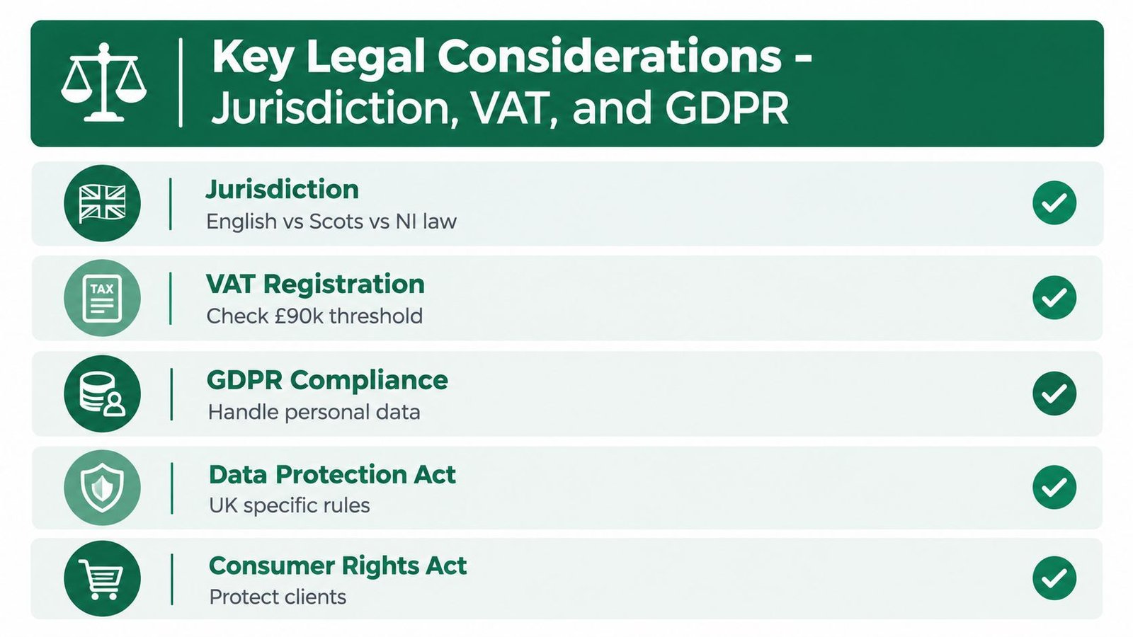 A checklist infographic outlining key legal considerations for UK businesses, including jurisdiction, VAT, GDPR, and consumer rights.