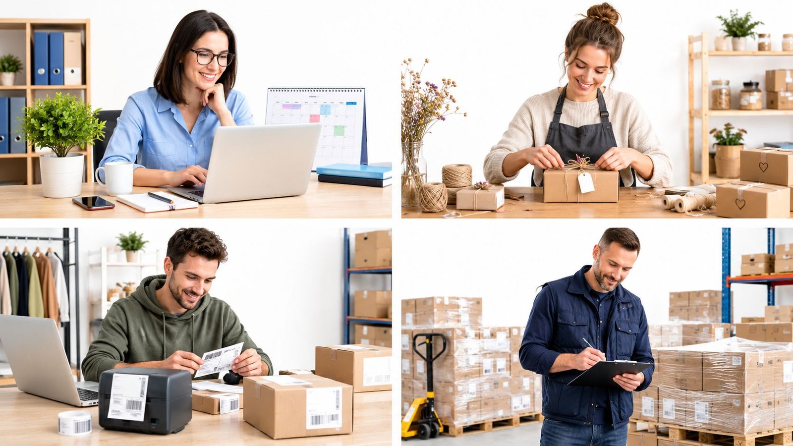 A collage showing business owners managing online orders, shipping packages, and tracking inventory in a warehouse.