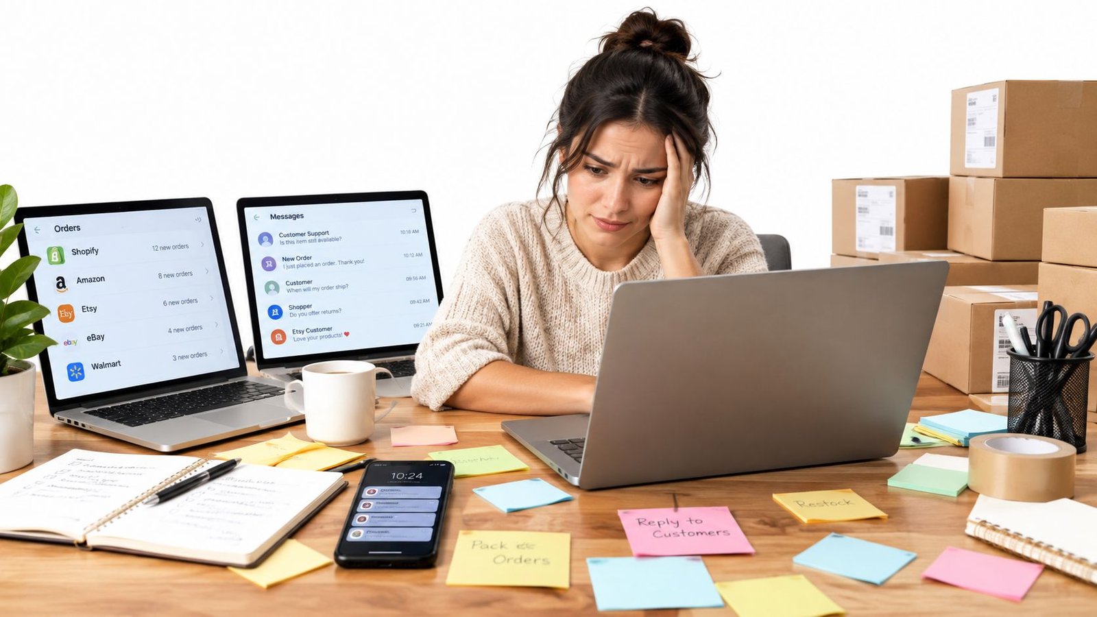 Stressed small business owner managing e-commerce orders across multiple digital platforms while working at her desk.