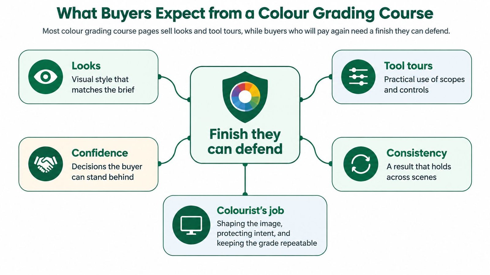 A diagram outlining the five key professional expectations buyers have when purchasing a colour grading course.