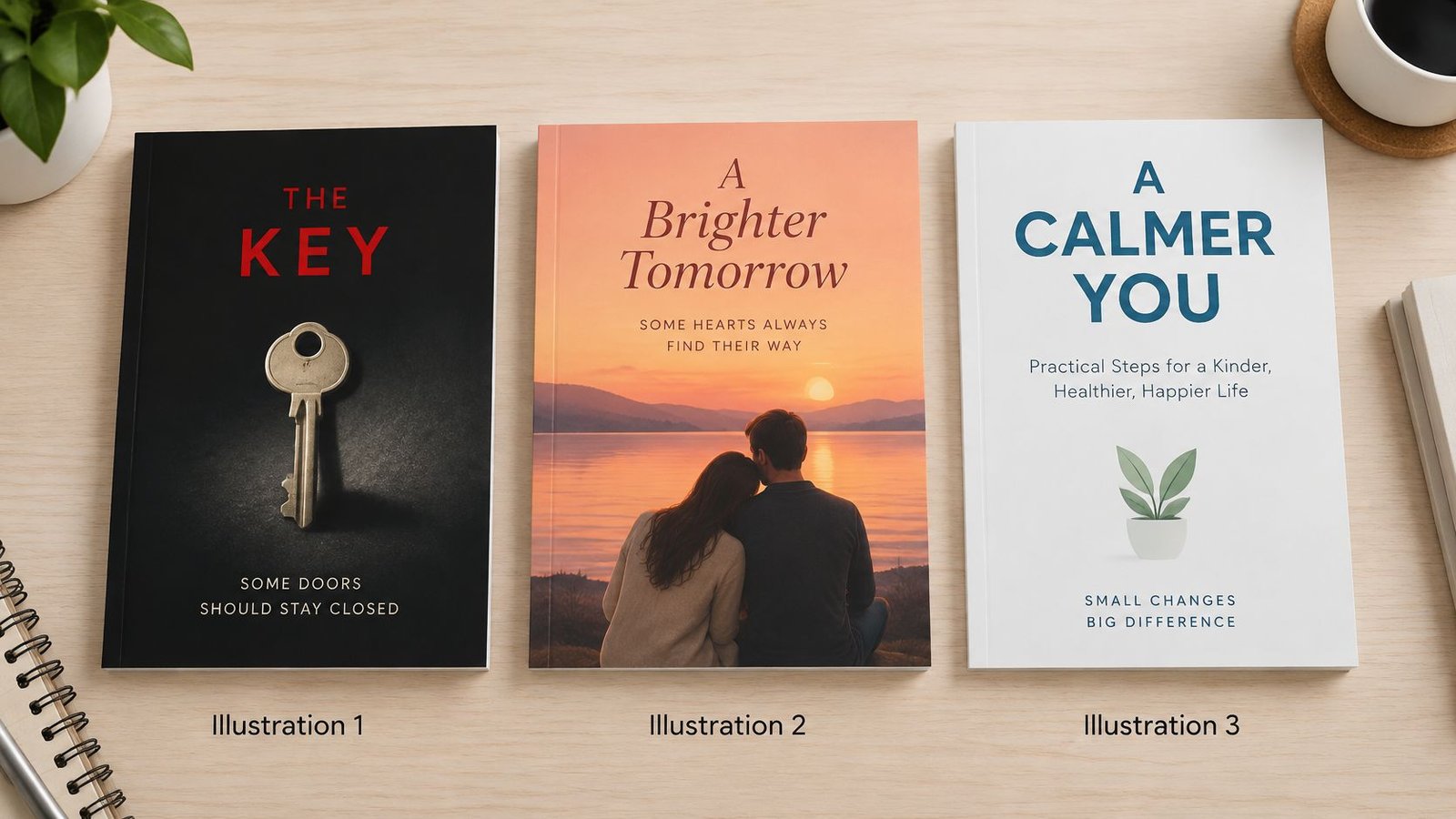 Three professional ebook covers with distinct designs arranged on a wooden desk with a coffee cup and plant.