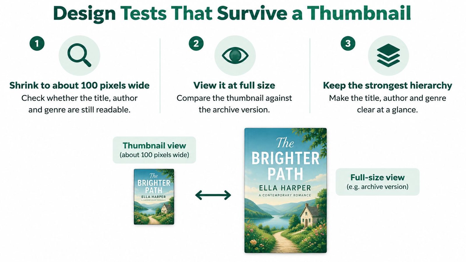 A diagram explaining three design tests to ensure book cover readability when viewed as small thumbnails.