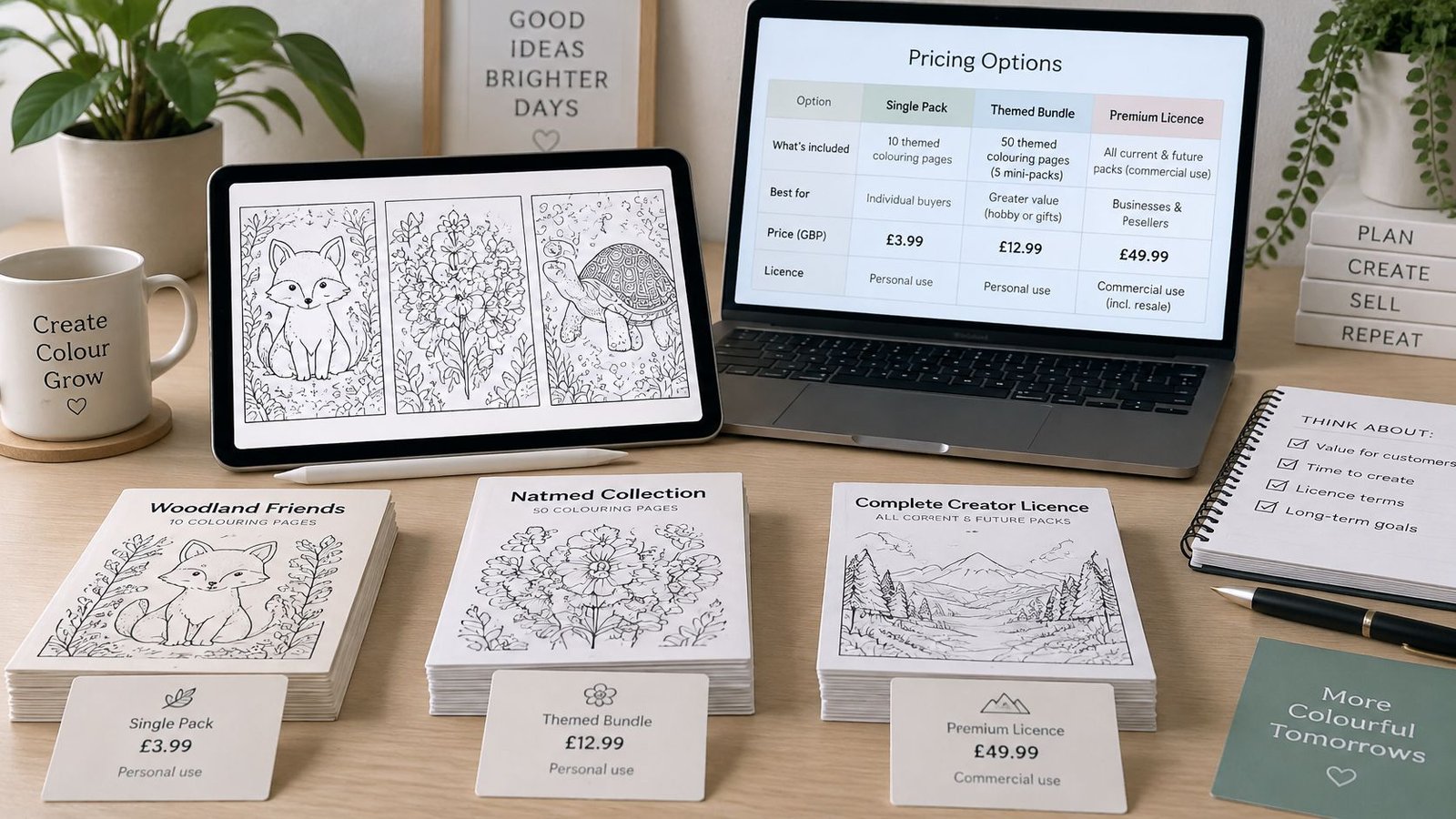 A professional desk workspace displaying digital coloring book pricing options on a laptop and tablet screens.