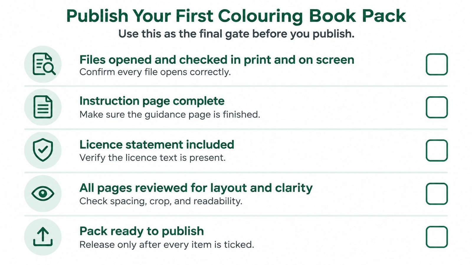 A professional checklist for publishing a colouring book pack featuring five essential pre-publishing verification steps.