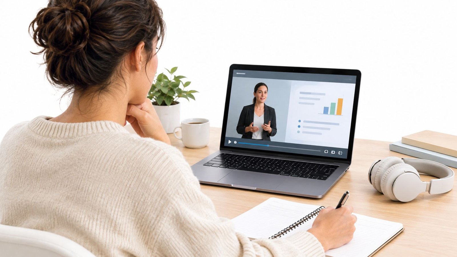 A woman participates in an online seminar, taking notes while watching a professional presentation on her laptop.