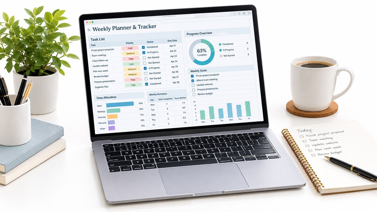 A modern laptop displaying a weekly project planning dashboard with a notebook and coffee nearby on desk.