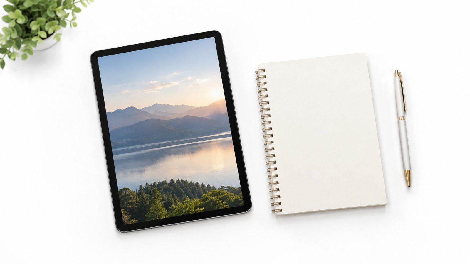 A top-down view of a tablet displaying a mountain landscape, a spiral notebook, and a white pen.