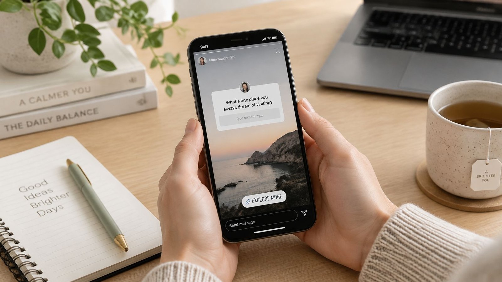 A person holding a smartphone showing an Instagram story with a question sticker and coastal background.