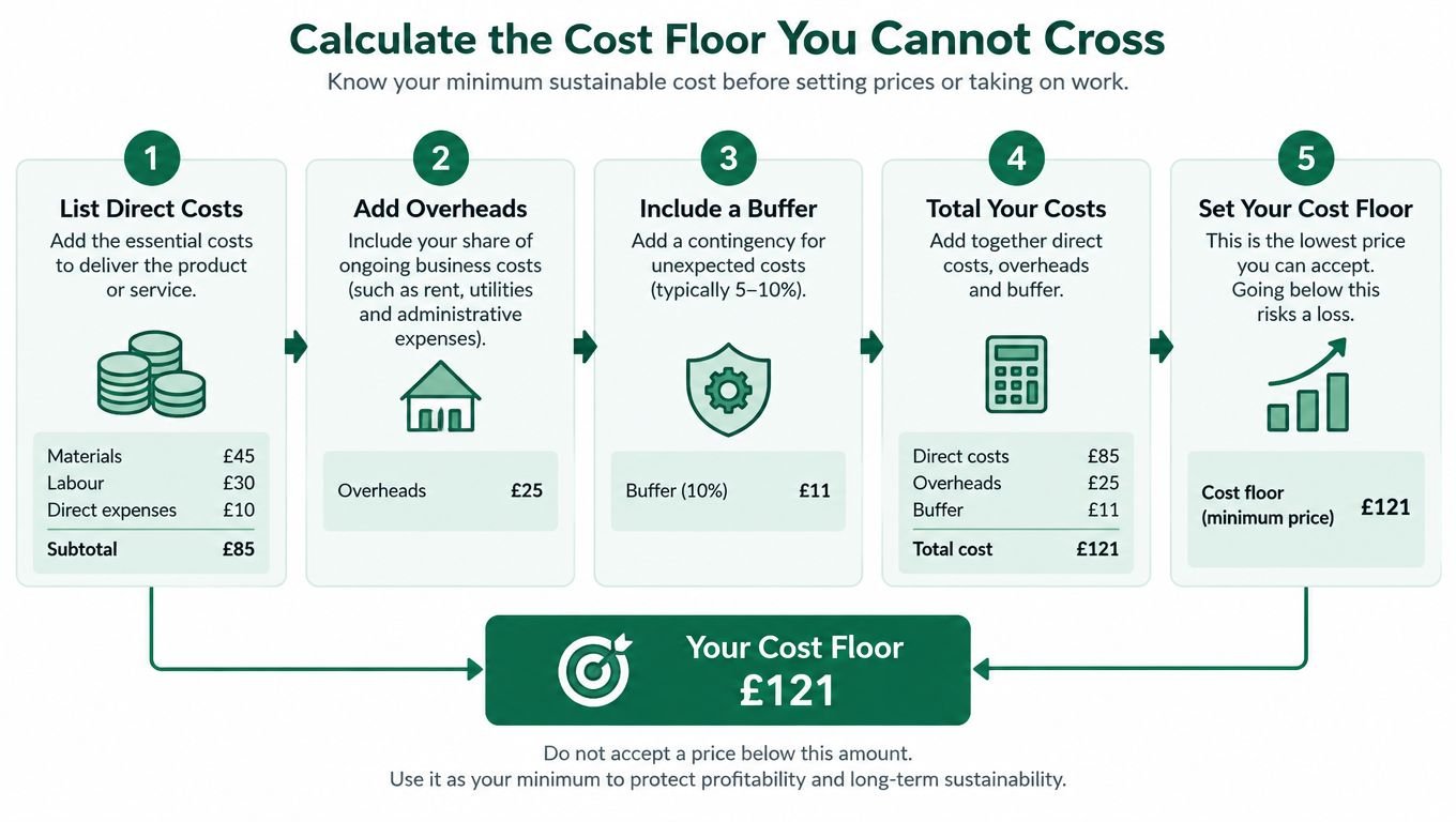 A five-step infographic showing how to calculate a business cost floor to determine minimum pricing.