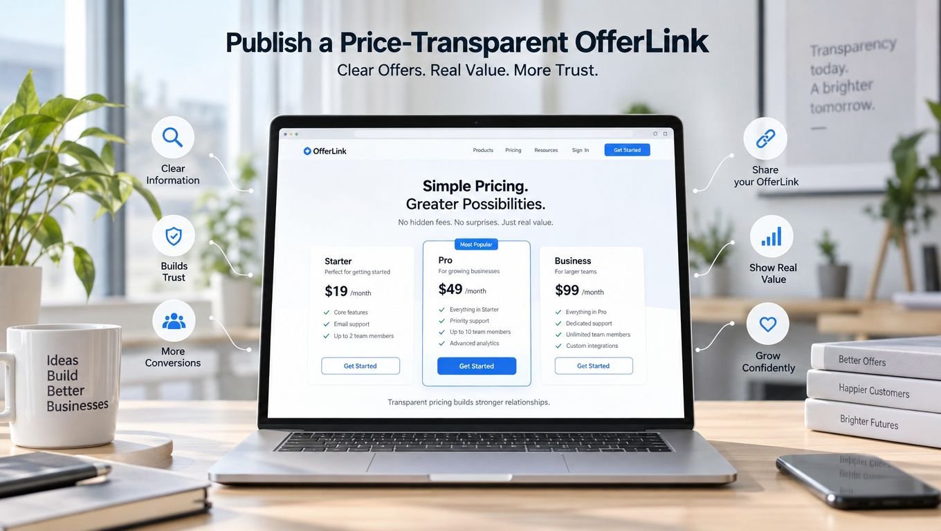 A laptop screen displaying a price-transparent pricing page for the service OfferLink on a wooden office desk.