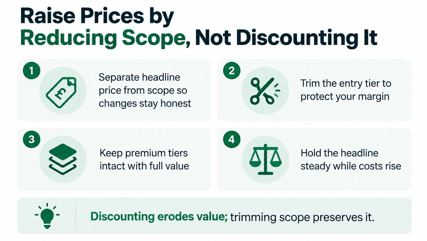 A business infographic illustrating four strategies to increase prices by reducing scope rather than offering discounts.