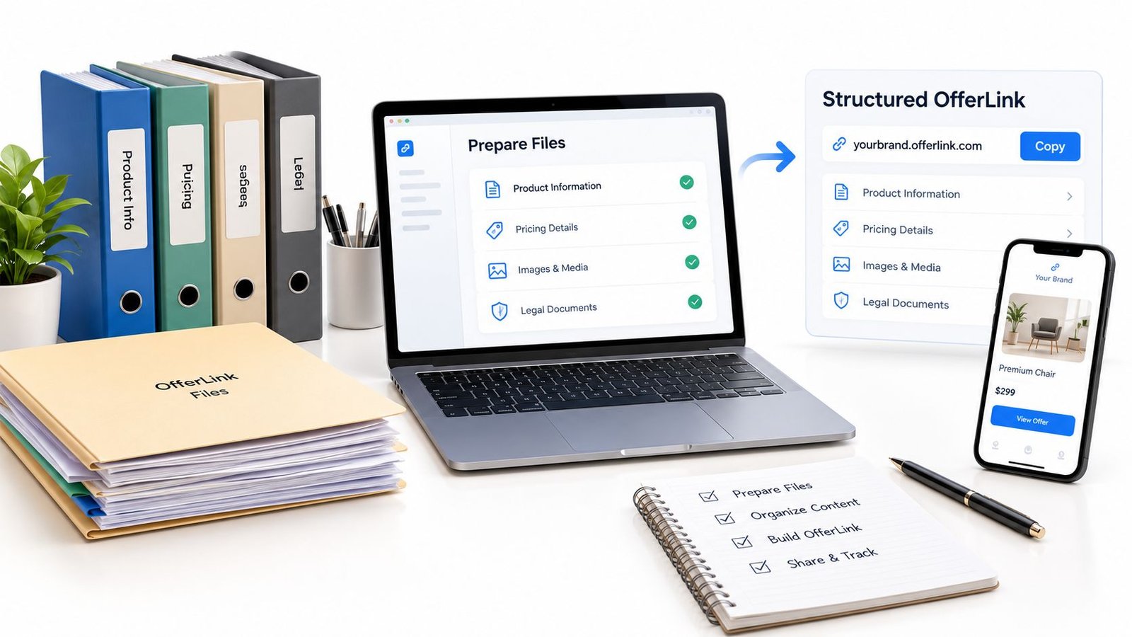 A digital workspace showing the process of organizing product files into a structured online offer link.
