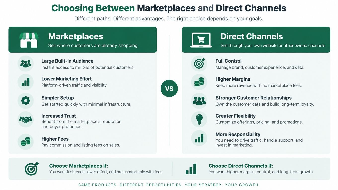 A comparison chart showing the advantages and disadvantages of selling on marketplaces versus direct channels.