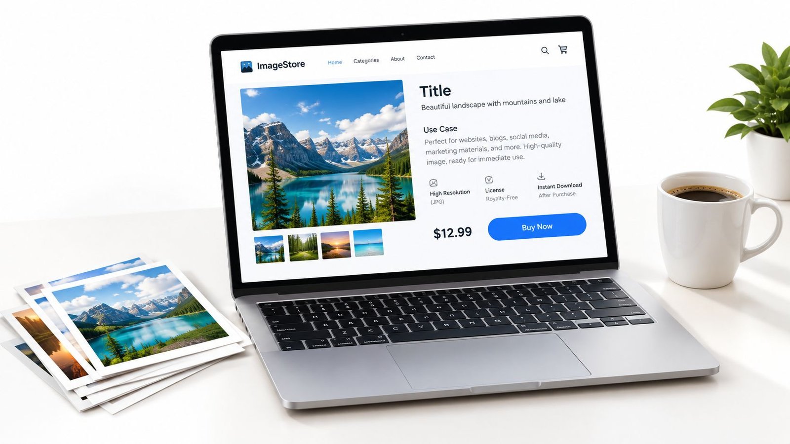 A laptop displaying an image selling website with a beautiful landscape photo, next to physical prints.