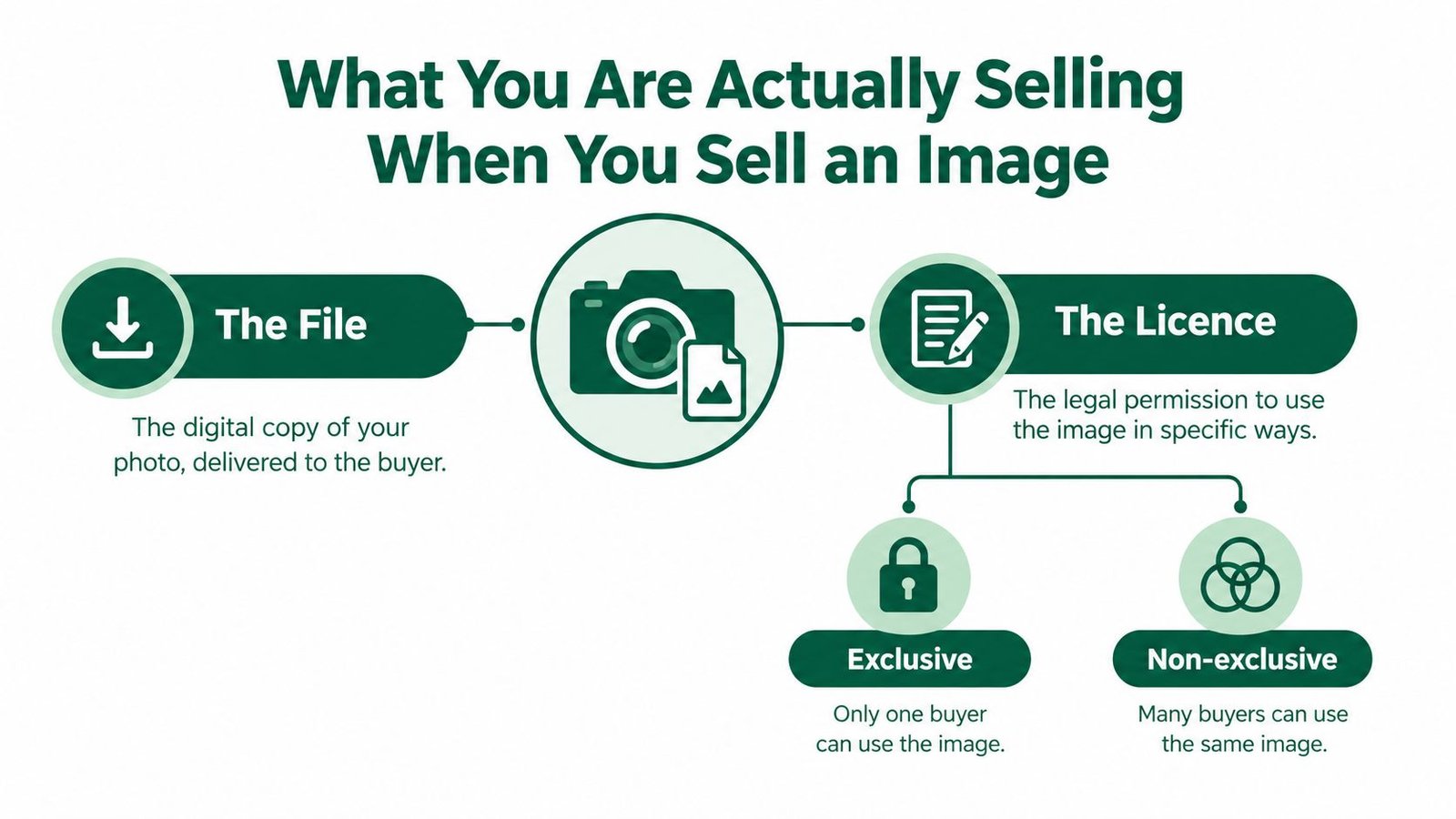 A diagram explaining that selling an image involves providing both the digital file and a usage licence.