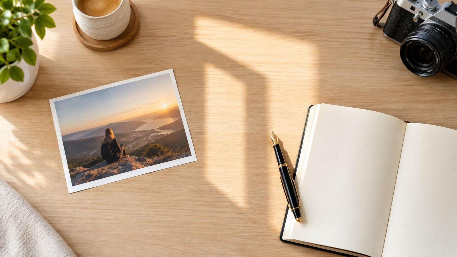 A top-down view of a wooden desk featuring a photo of a person overlooking a sunset valley.