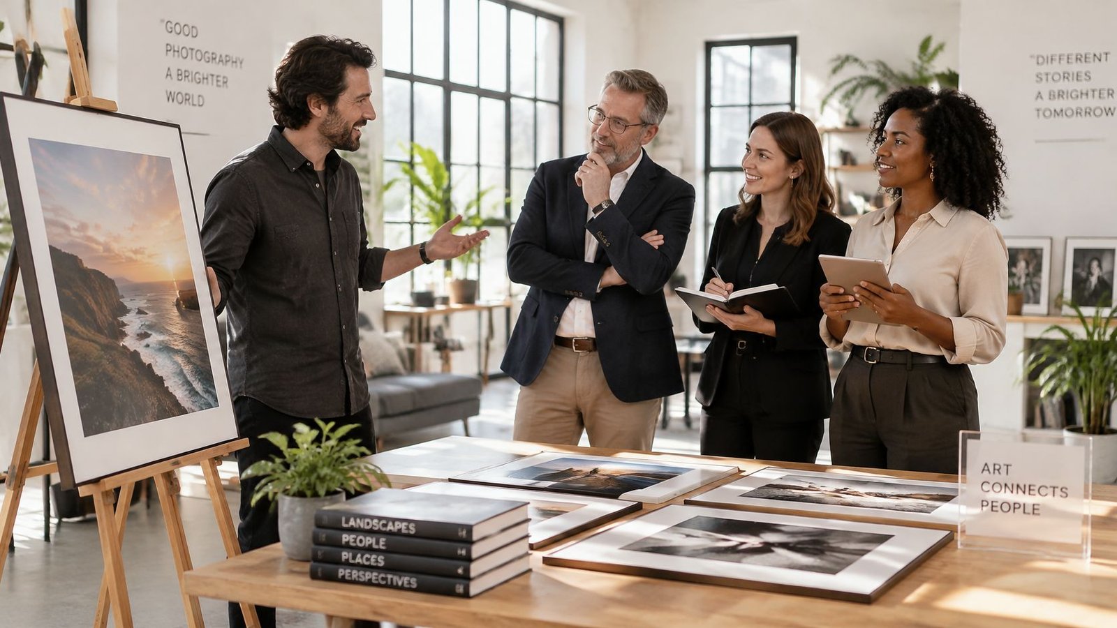 A professional photographer presenting his sunset landscape artwork to a team in a bright studio gallery.