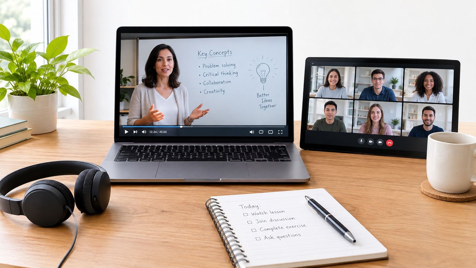 A clean desk setup with a laptop, tablet, notebook, and headphones for online learning and virtual collaboration.