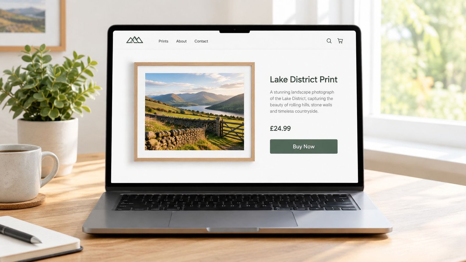 A modern laptop on a wooden desk displaying a website selling a Lake District landscape photograph print.