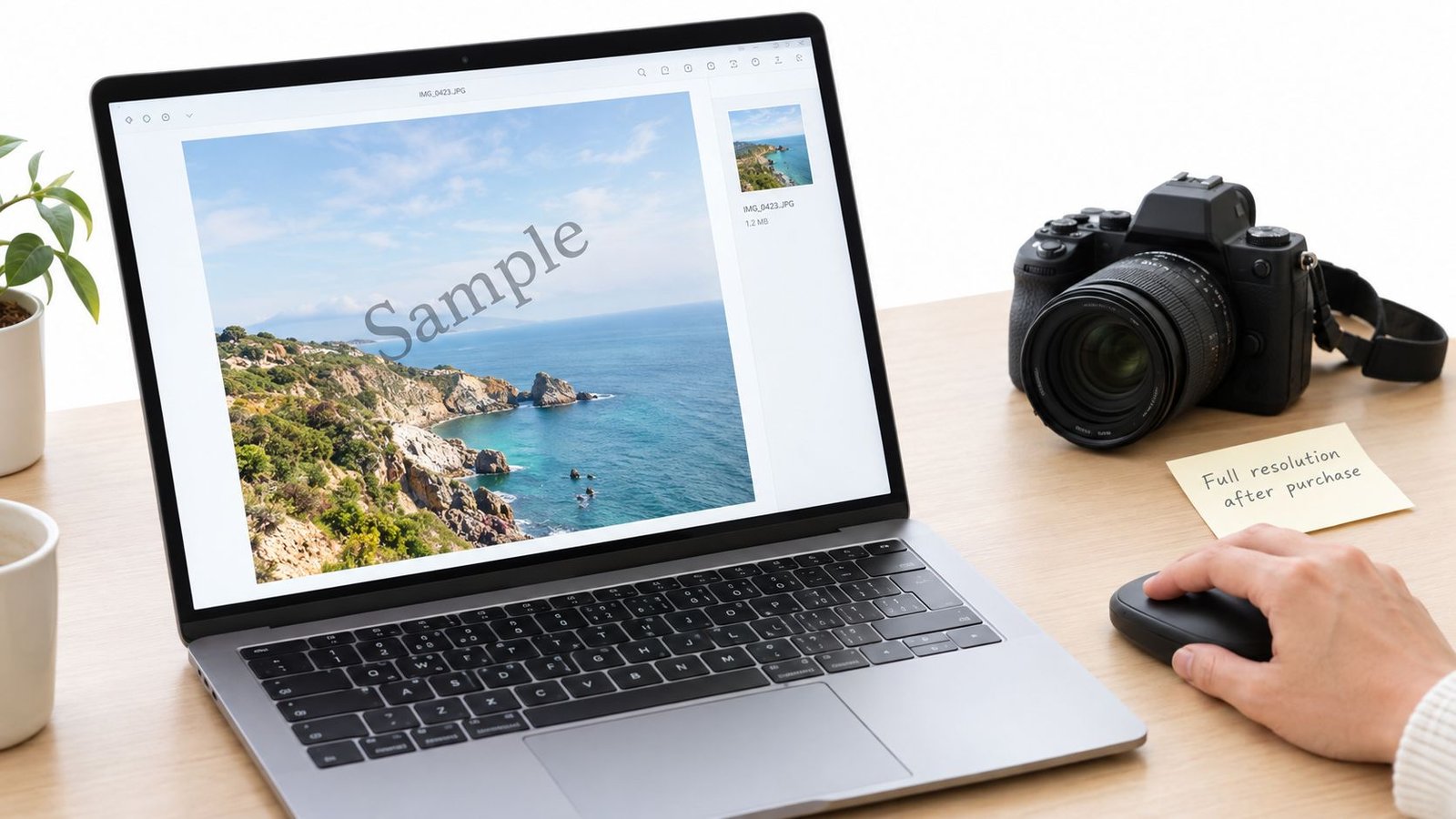 A laptop screen displaying a coastal photo sample next to a camera and a sticky note.