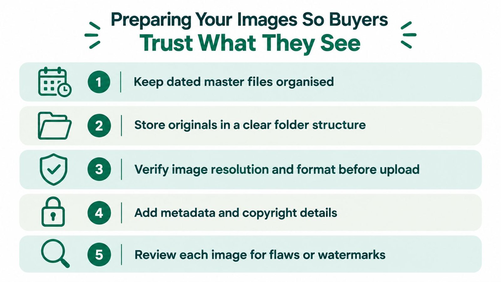 An infographic titled Preparing Your Images So Buyers Trust What They See with five numbered tips for photographers.