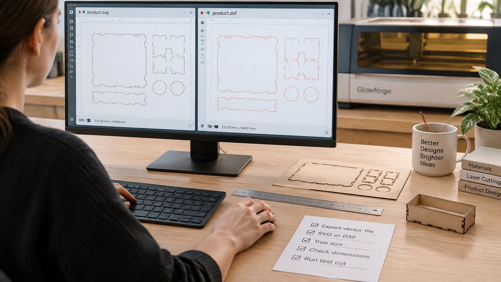 A woman designing laser cut product files on a computer screen in a creative workshop environment.