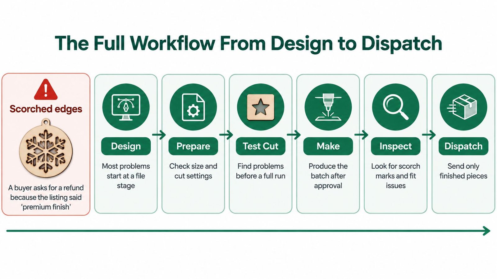 A diagram illustrating the laser cut product workflow from initial design to final dispatch for customers.