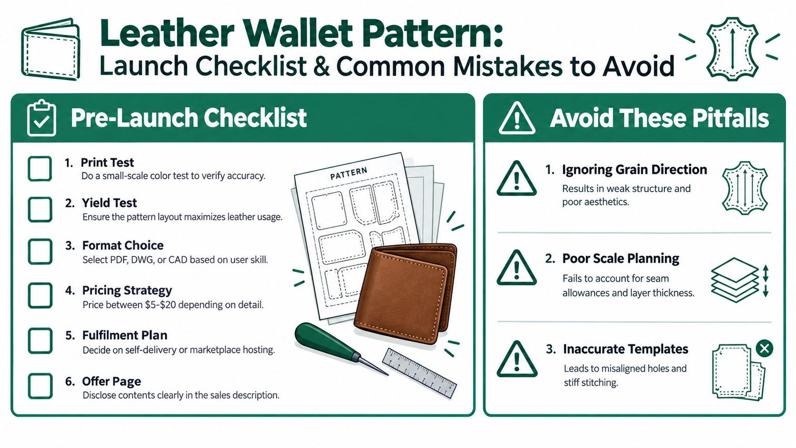 An infographic detailing a pre-launch checklist and common mistakes for creating and selling leather wallet patterns.