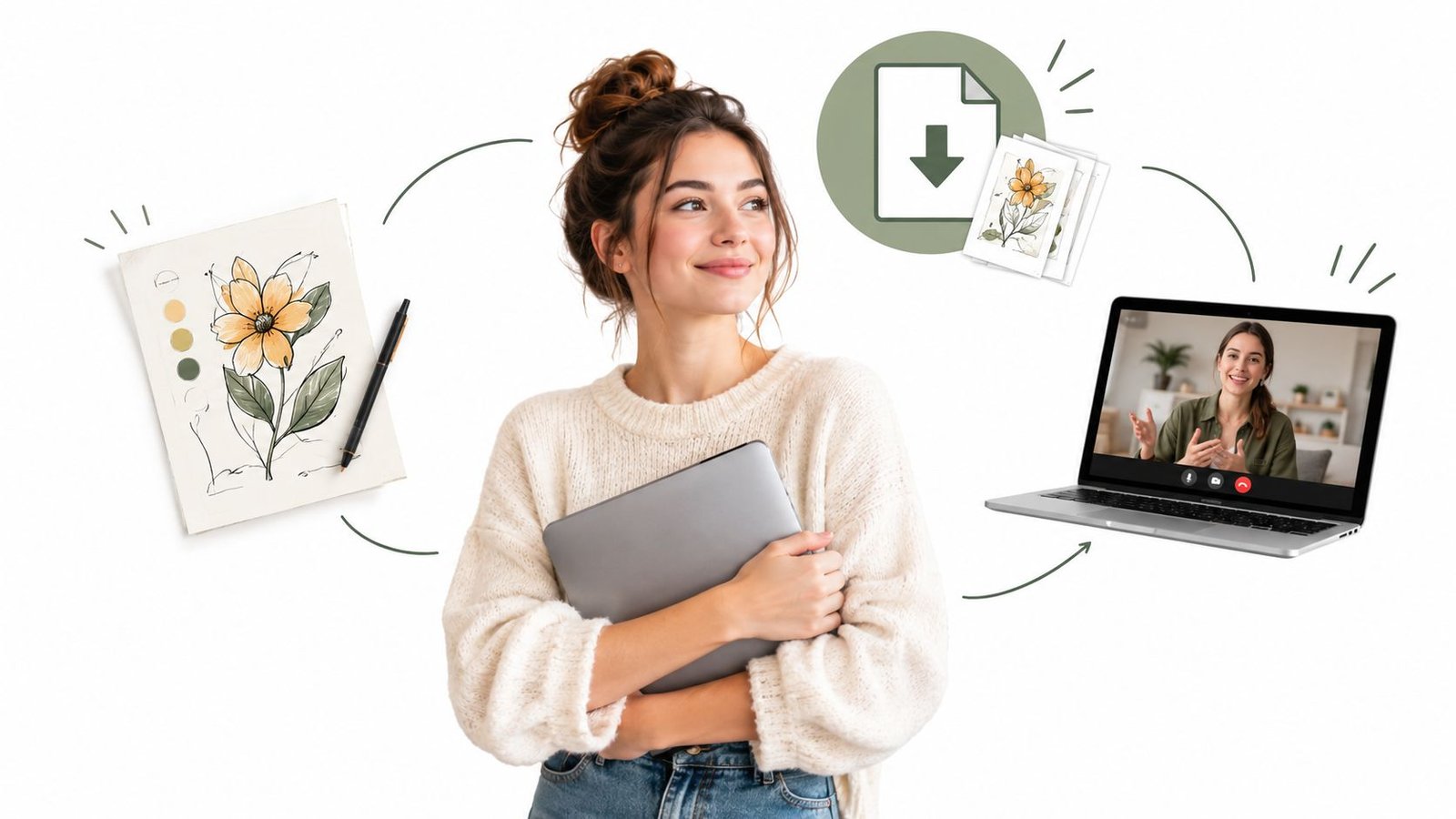 A woman holding a laptop representing an online selling platform for digital art and creative tutorials.