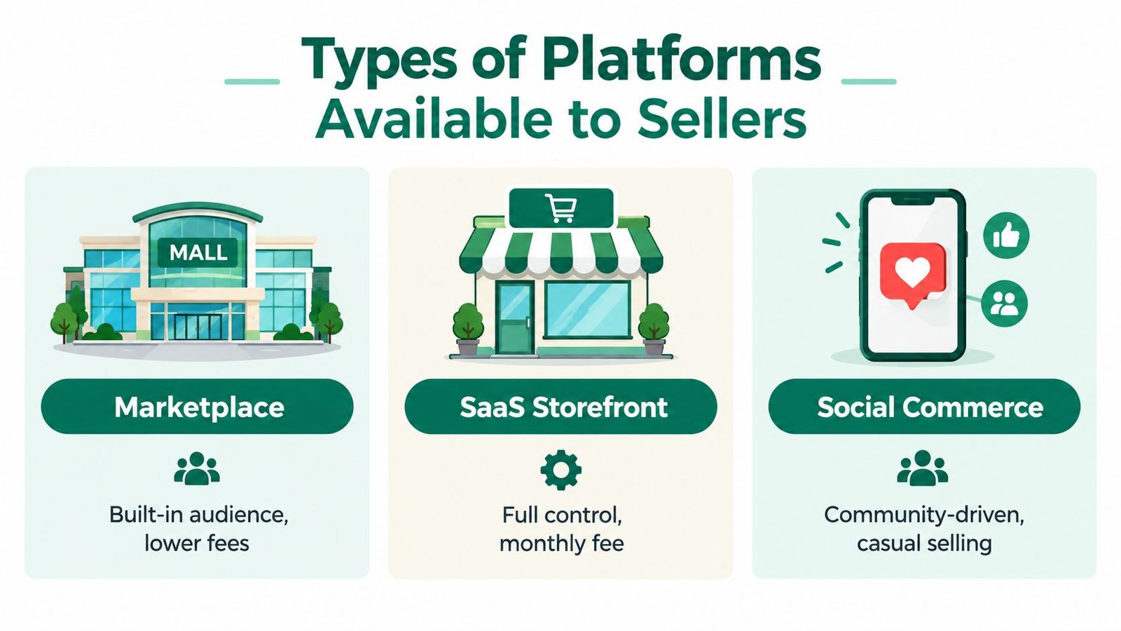 An infographic illustrating three distinct types of online selling platforms: Marketplaces, SaaS storefronts, and social commerce platforms.