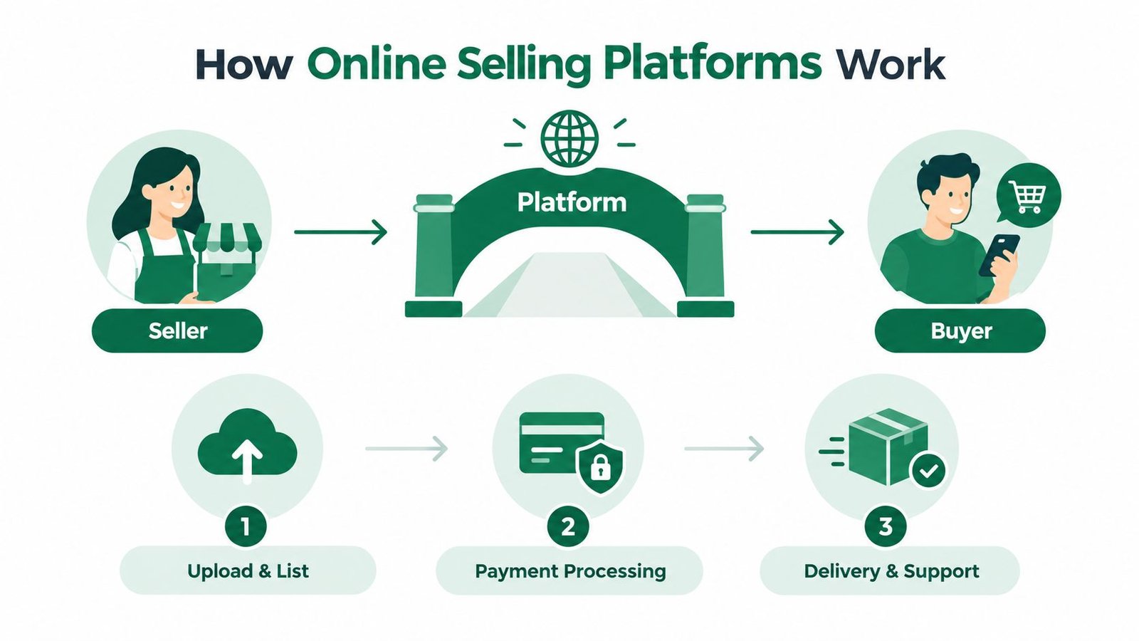 An infographic showing the three-step process of how online selling platforms connect sellers and buyers.