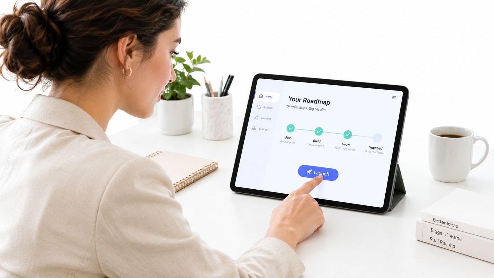 A woman using a tablet to interact with an online roadmap interface for business planning and growth.