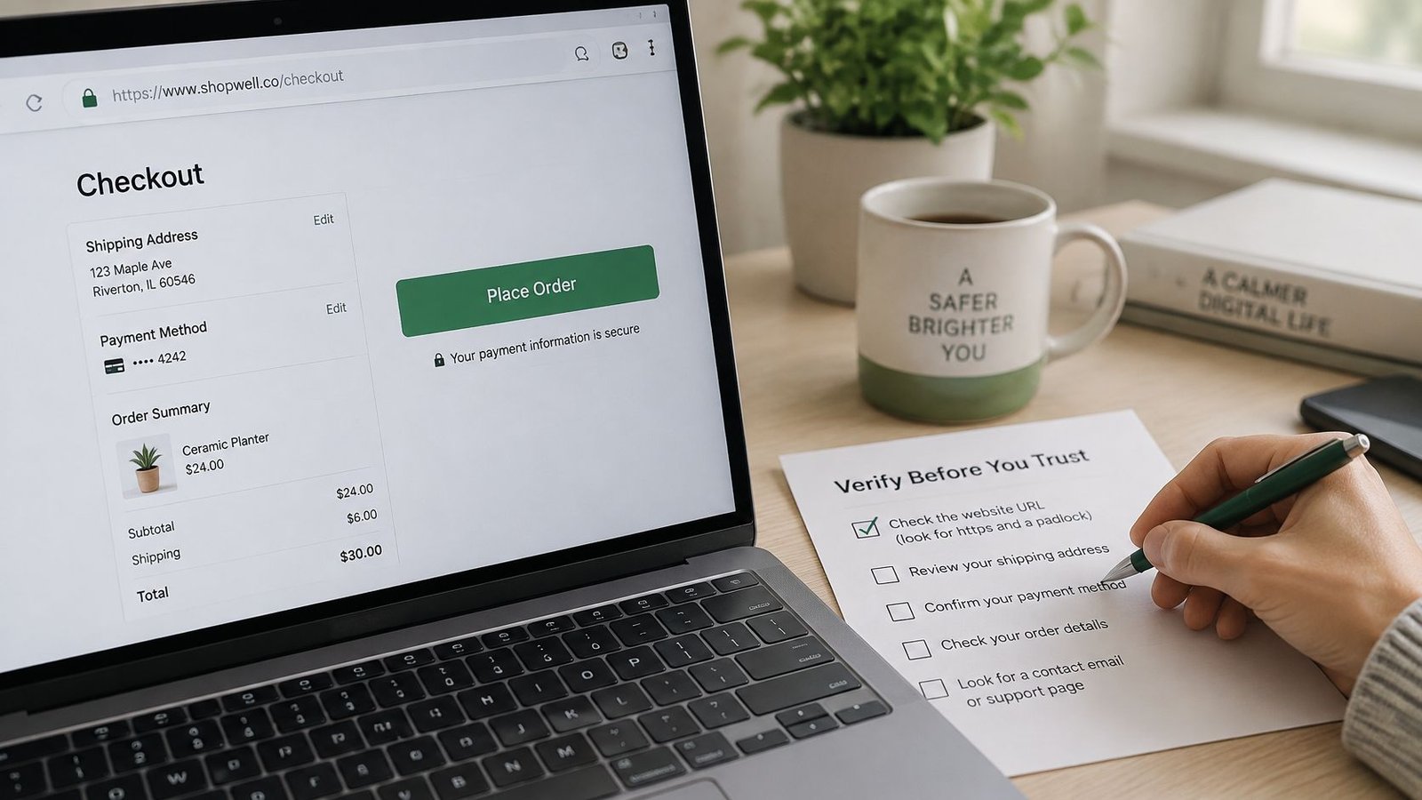 A person checking a verification list while completing an online purchase on a secure checkout website page.