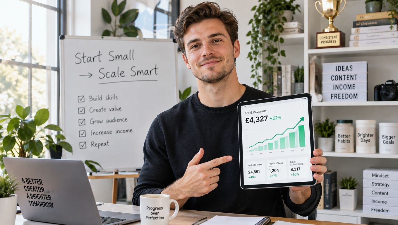 A smiling young man in a home office holding a tablet showing business revenue growth charts