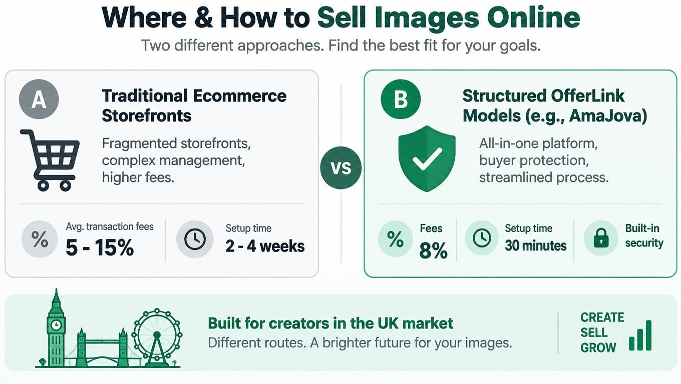 An infographic comparing traditional ecommerce storefronts and structured offerlink models for selling images online.
