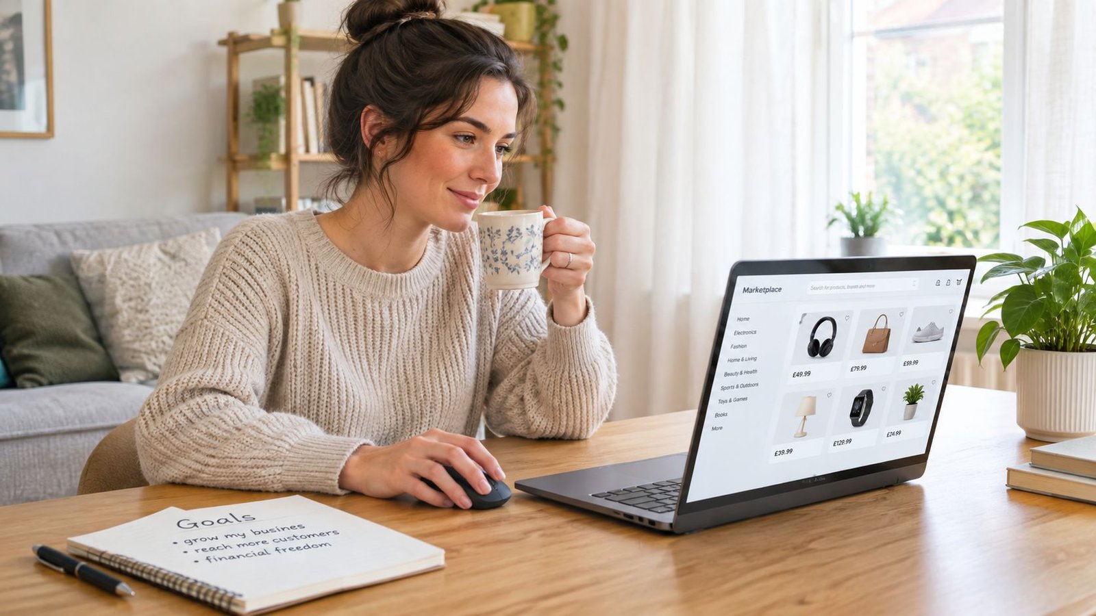 A woman working from home on her laptop while enjoying a cup of coffee and planning business goals.