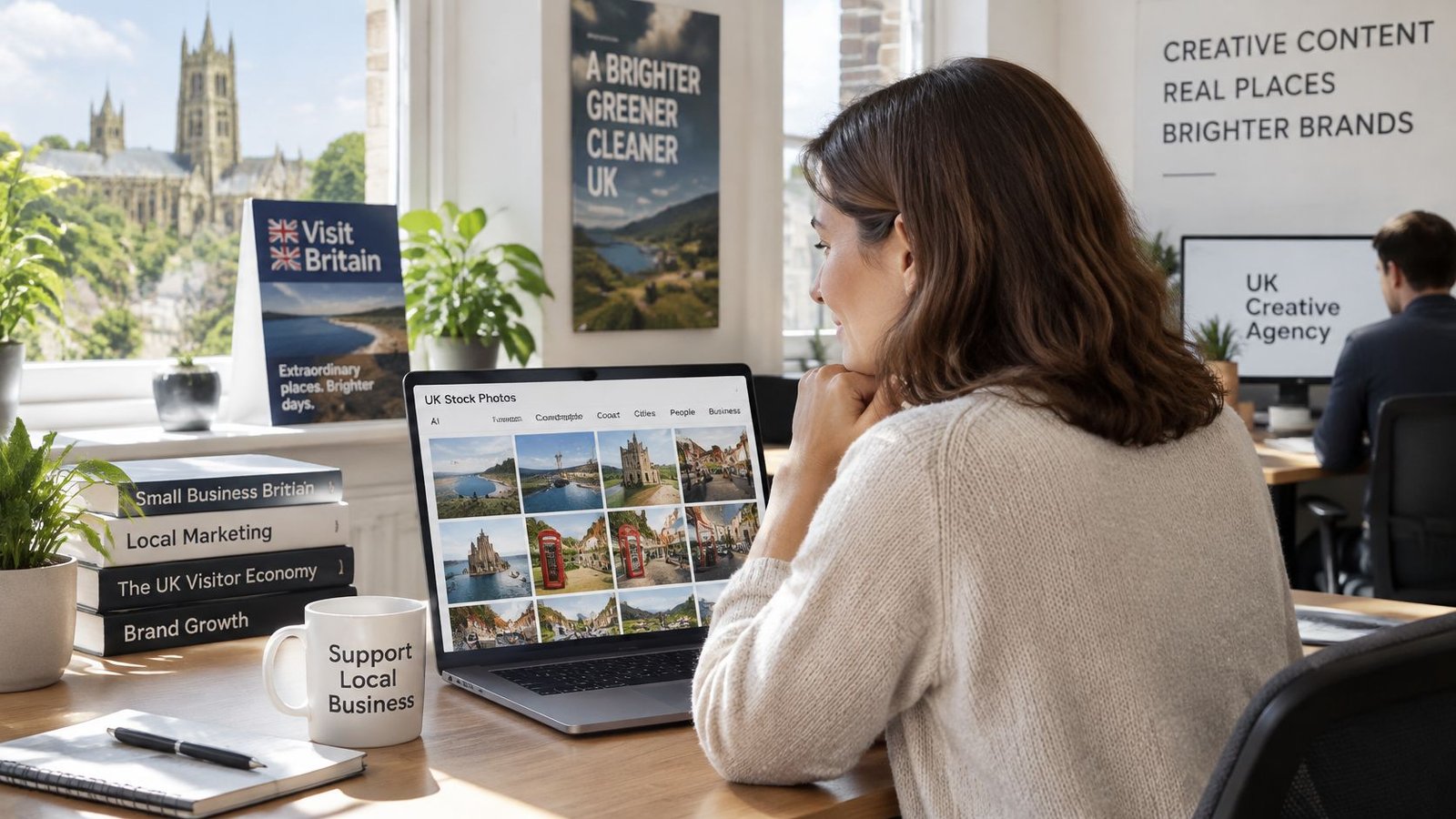 A woman working at a desk in a creative office while browsing UK stock photos on laptop.