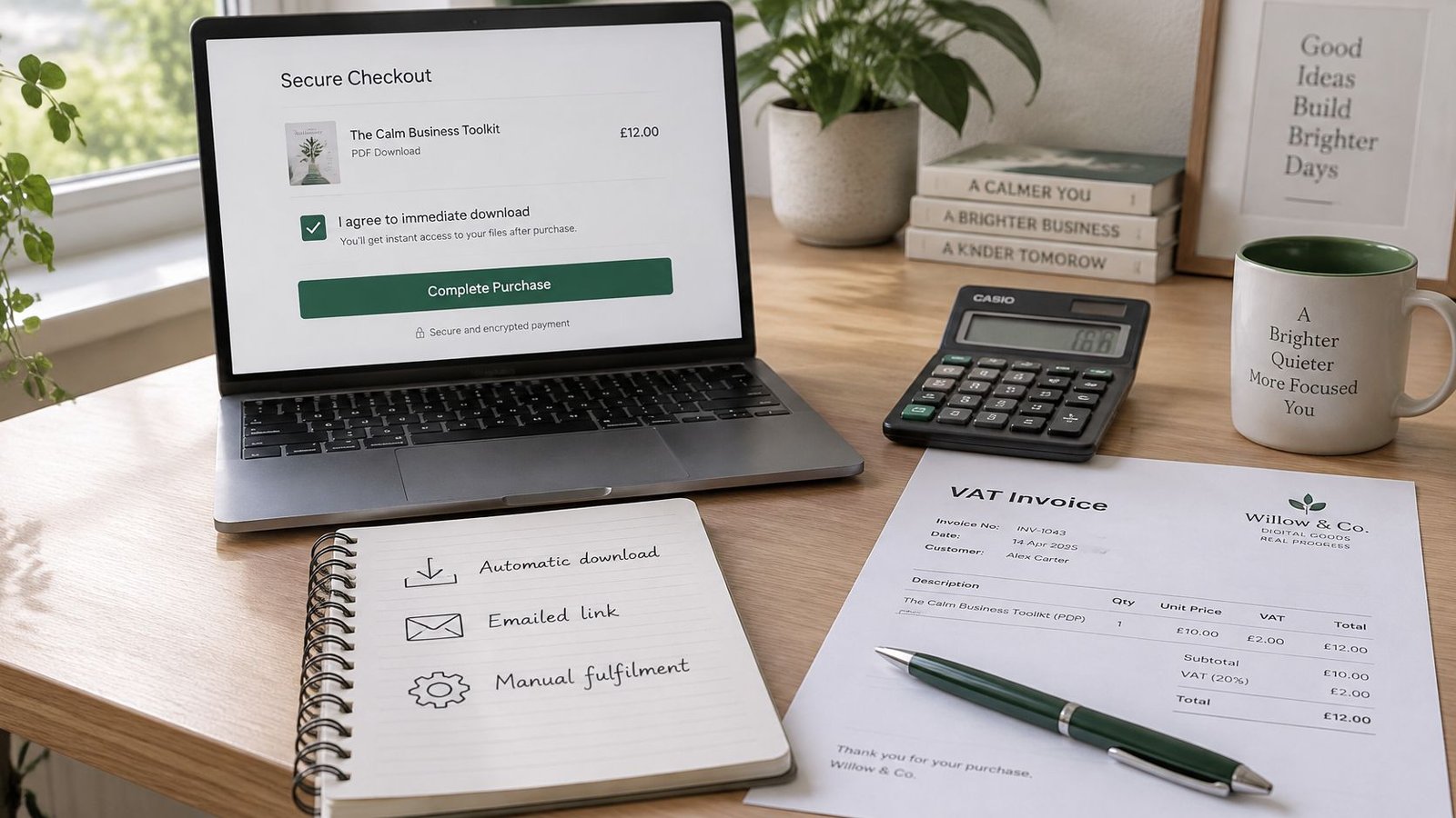 Laptop displaying a secure checkout page for selling PDF digital downloads on a wooden office desk.