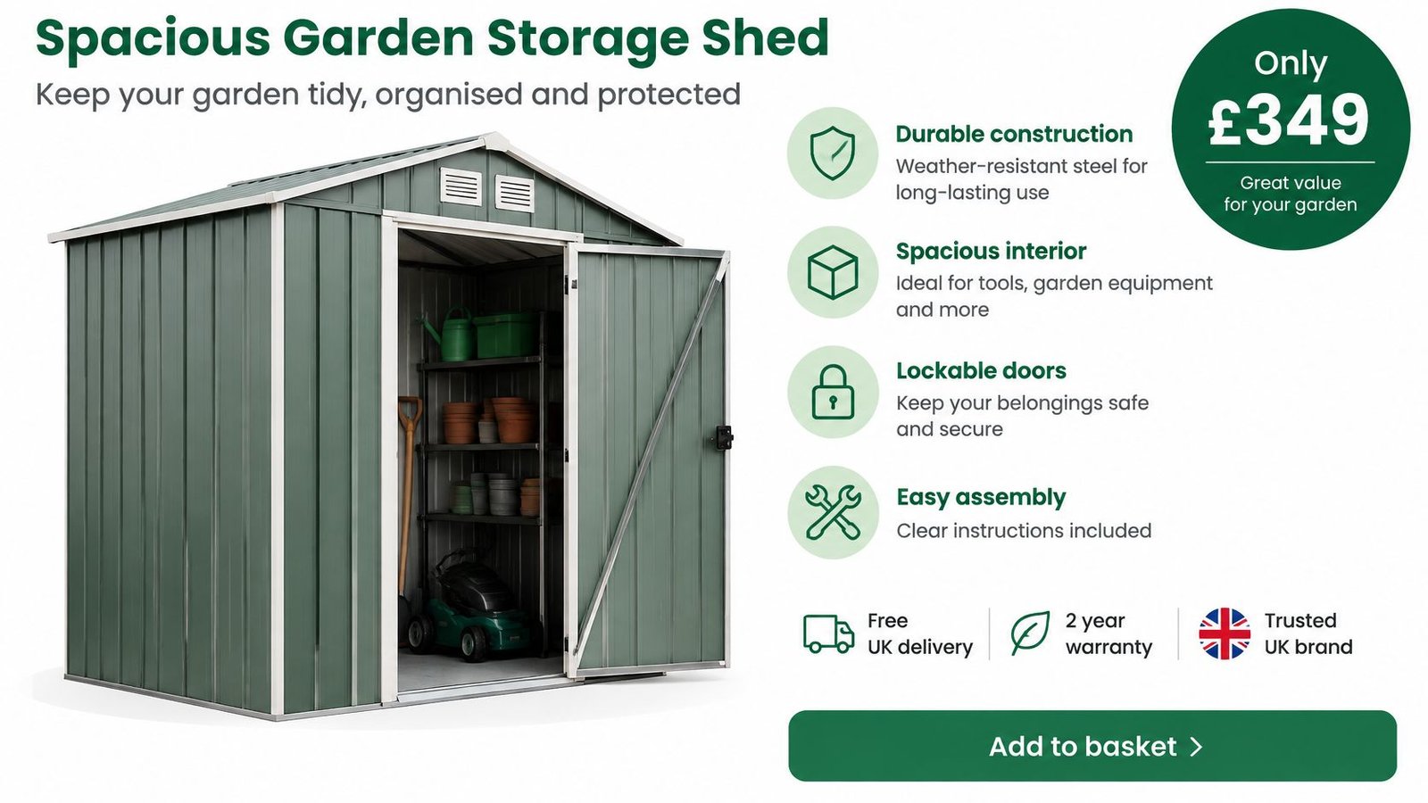 A green, weather-resistant metal garden storage shed featured in a product advertisement with price information.