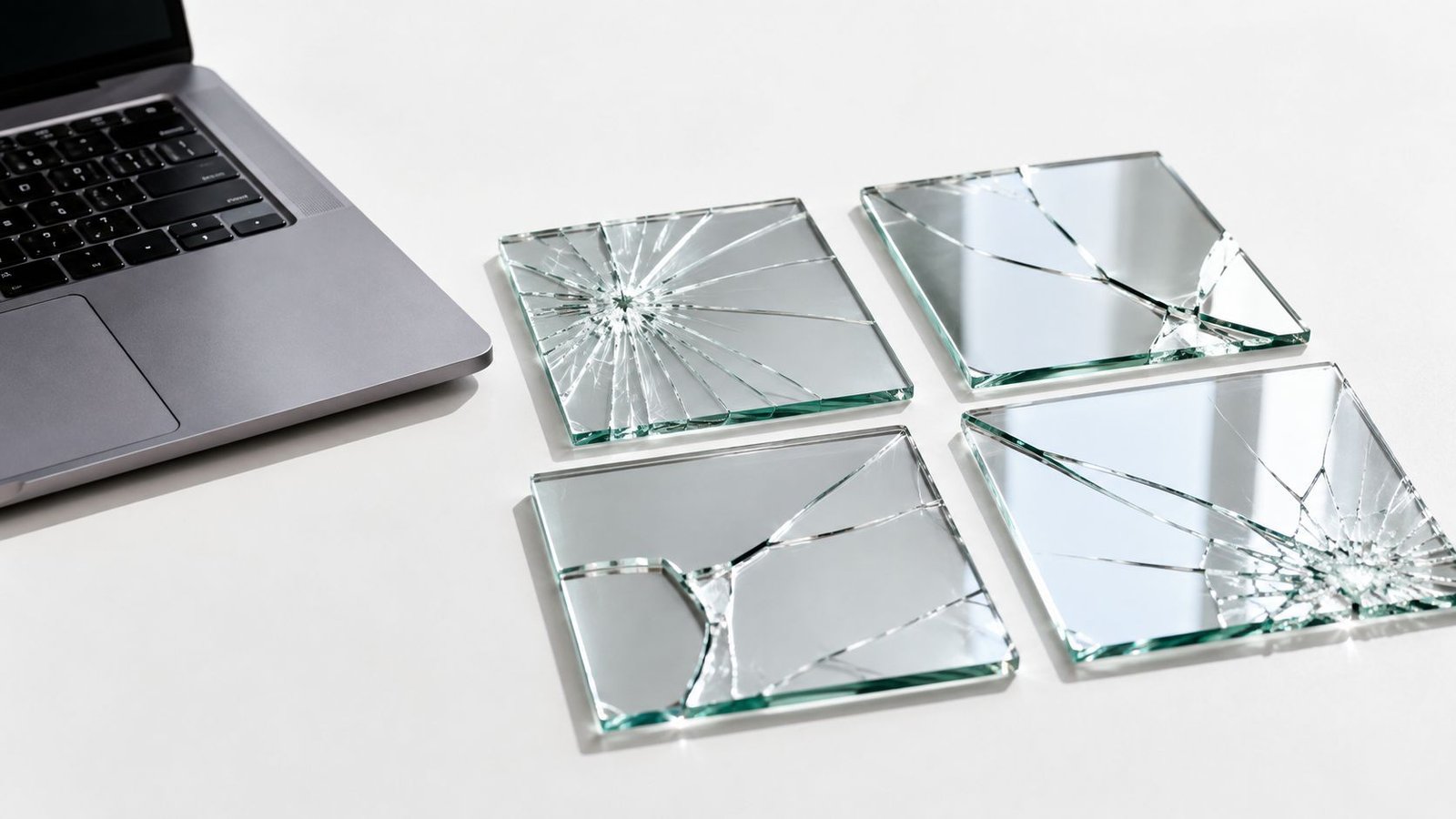 A modern laptop sits on a clean white desk next to four cracked square glass mirrors.